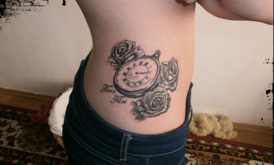 Lovely pocket watch side tattoo