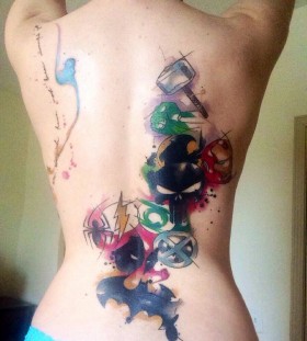 Lovely superhero logos back tattoo