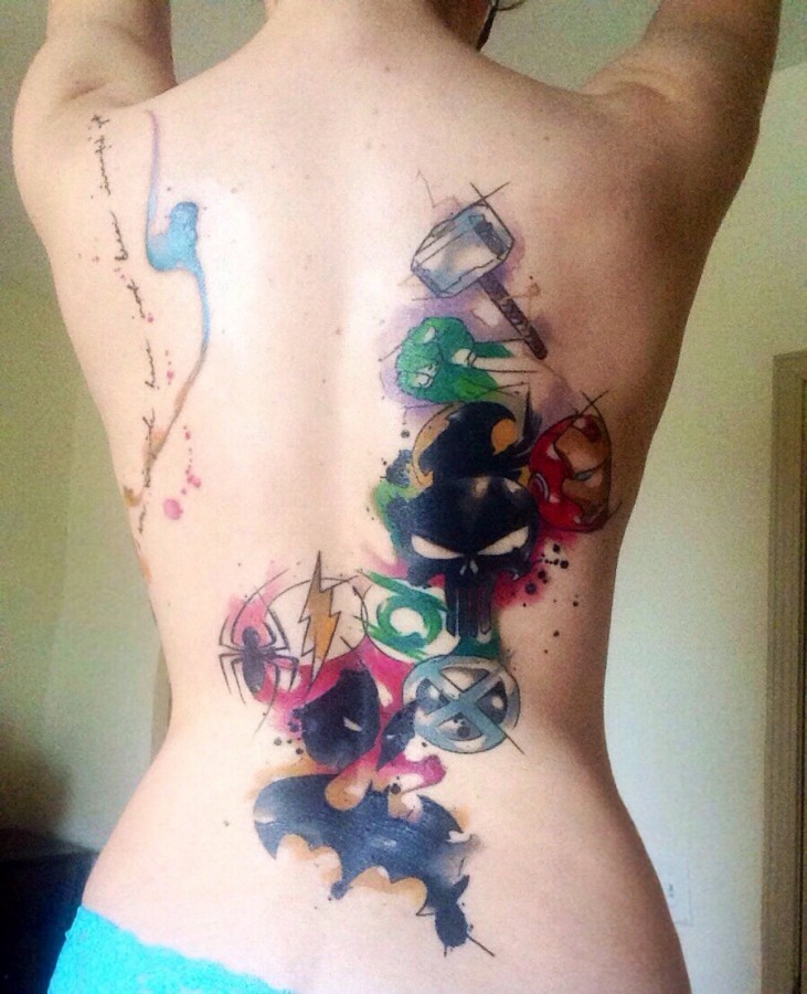 Lovely superhero logos back tattoo