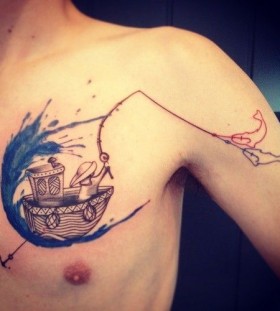 Man fishing on a boat tattoo