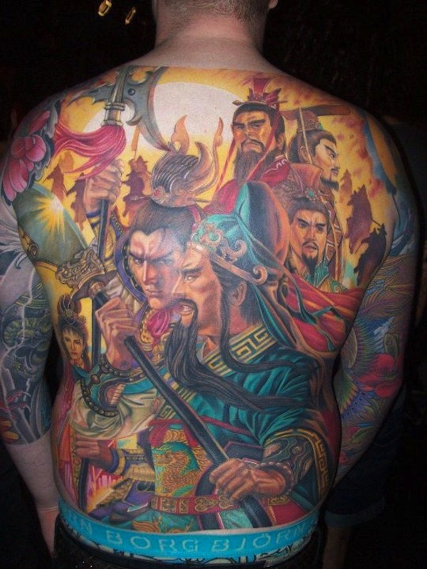 Many samurai warriors back tattoo