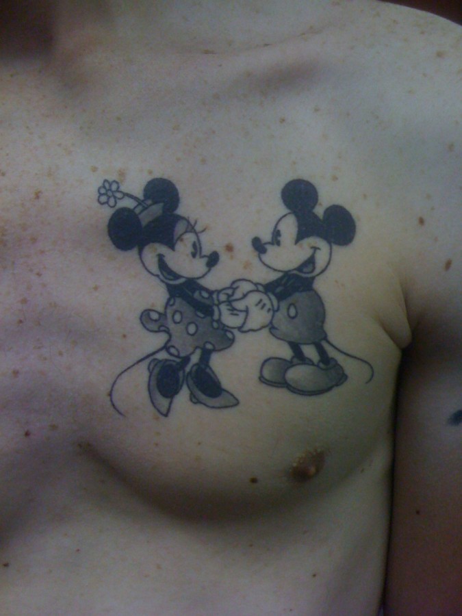 Minnie and Mickey chest tattoo