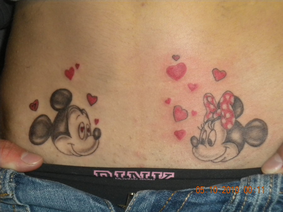 Minnie and Mickey with hearts tattoo