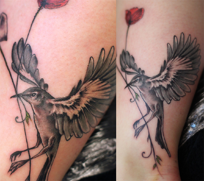 Mockingbird and flower tattoo