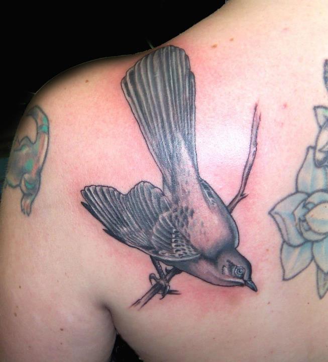 Mockingbird on a branch back tattoo