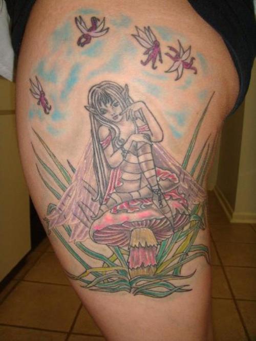 Mushroom fairy leg tattoo