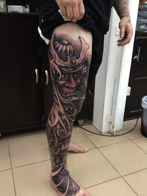 Nice full leg samurai tattoo