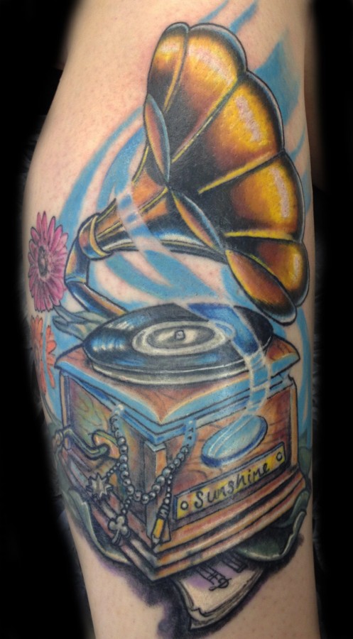 Nice gramophone and flower tattoo