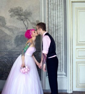 Pink hair bride tattoo
