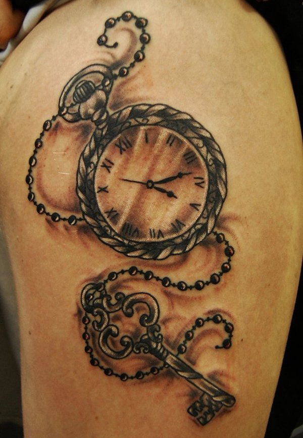 Pocket watch and key tattoo