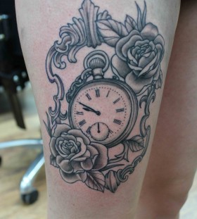 Pocket watch and roses leg tattoo