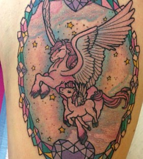 Purple crystal heart and unicorn tattoo by lauren winzer