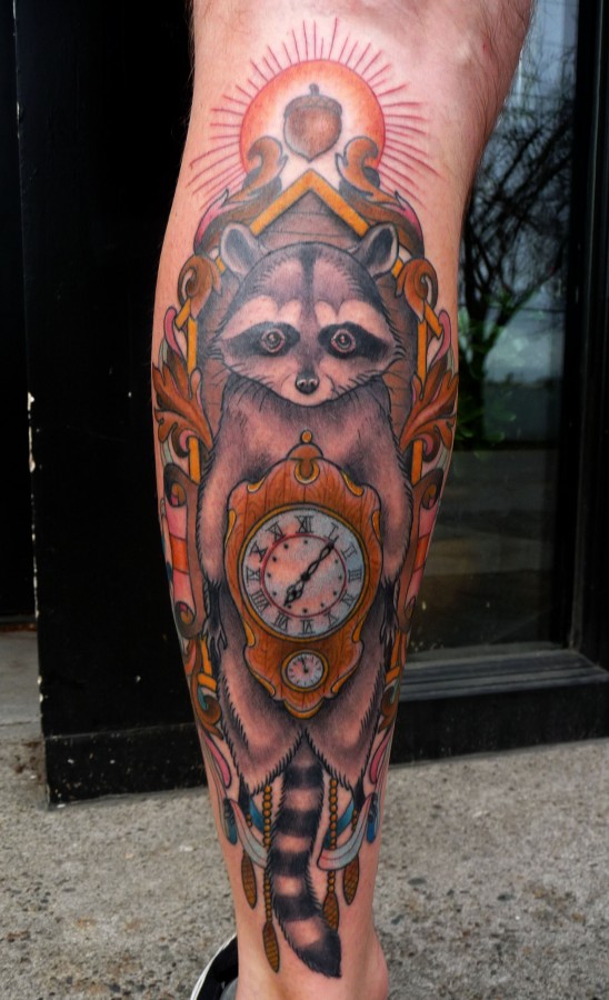 Raccoon and clock tattoo