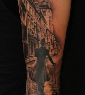 Realistic man walking tattoo by Florian Karg