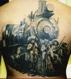 Realistic train and men back tattoo