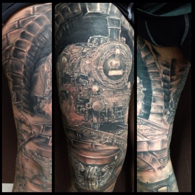 Realistic train and rails tattoo