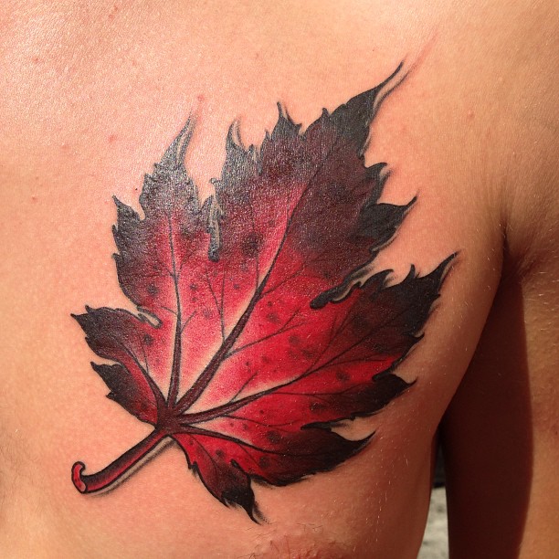 Red maple leaf chest tattoo