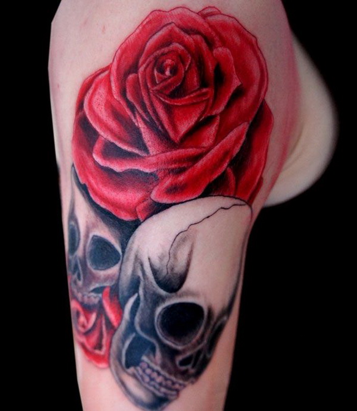 Red rose and skull tattoo