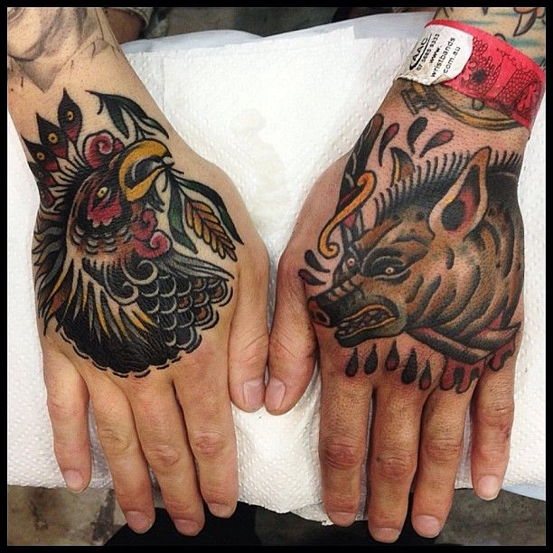 Rooster and boar hand tattoos by James McKenna