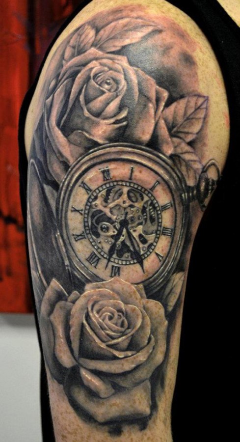 Roses and pocket watch tattoo