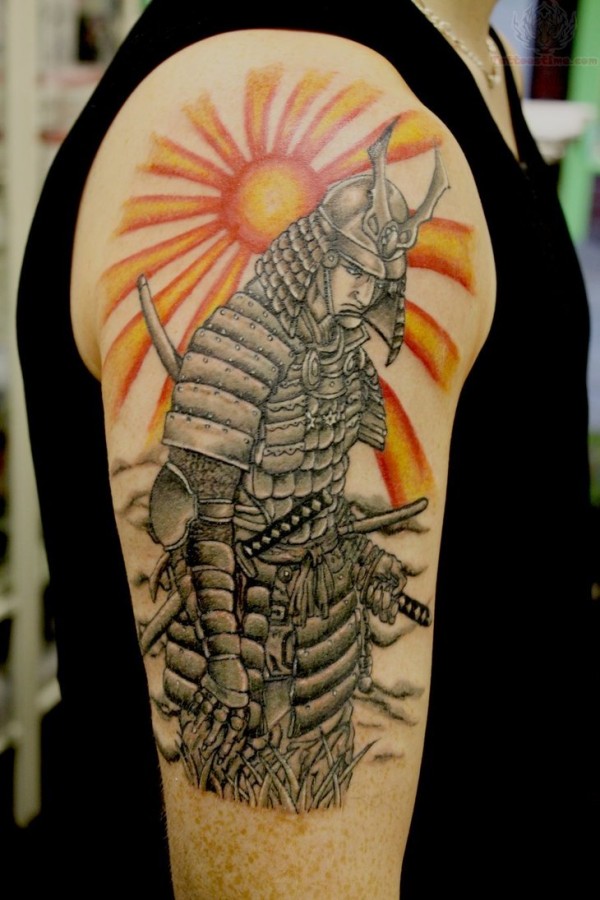 Samurai and sun arm tattoo