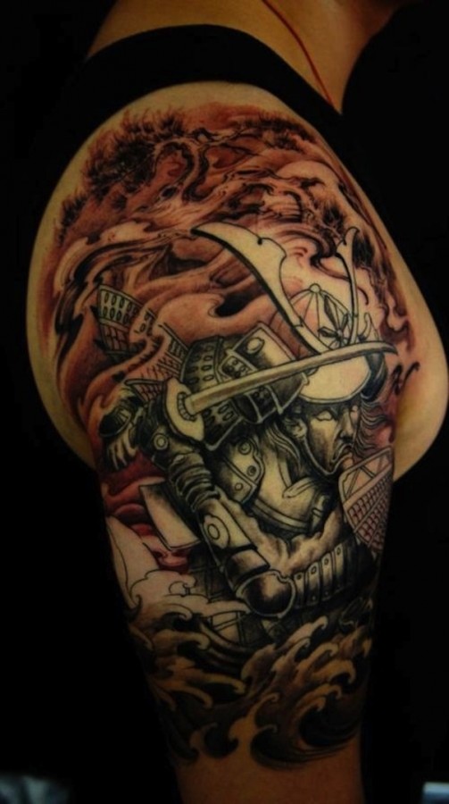 Samurai with sword arm tattoo