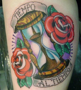 Sand clock and roses tattoo