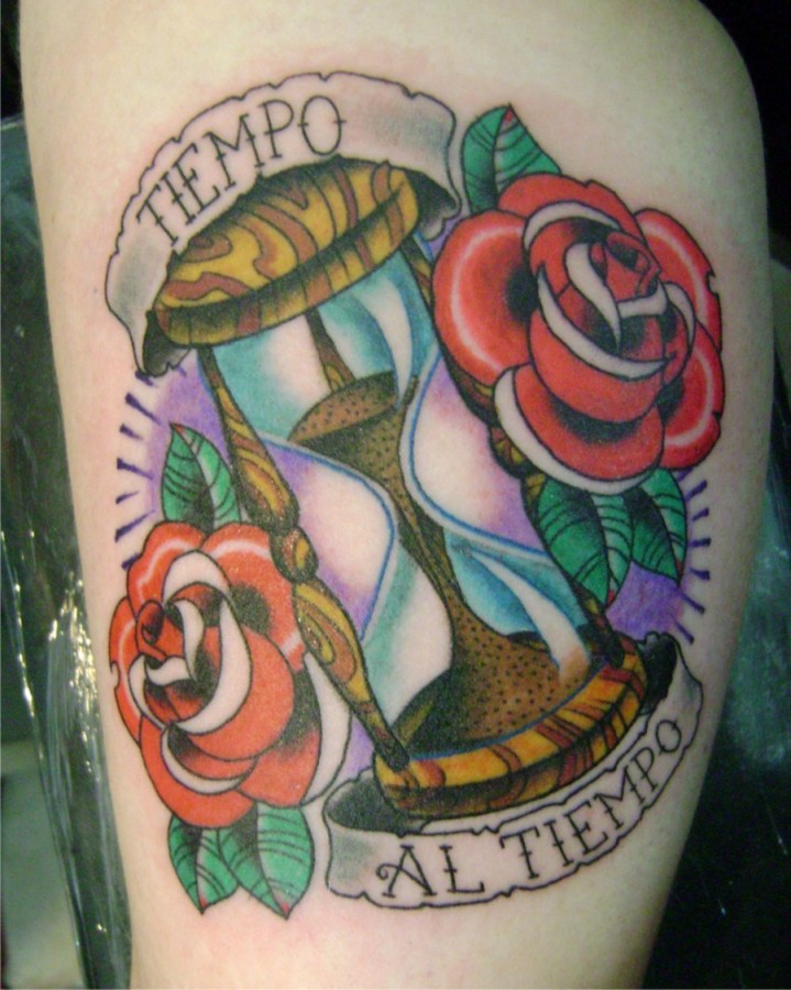 Sand clock and roses tattoo