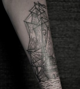 Ship tattoo on arm by Thomas Cardiff