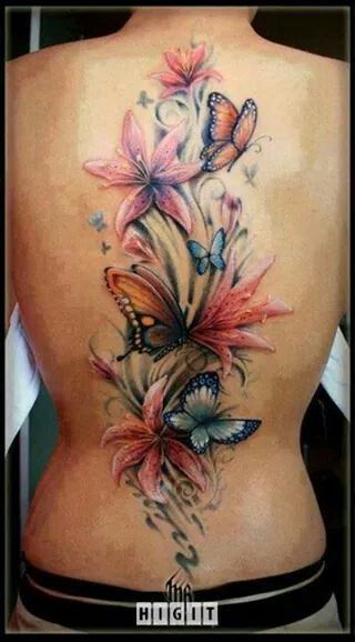 Simple flowers and watercolor butterfly tattoo