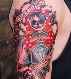 Skeleton matryoshka and writing tattoo