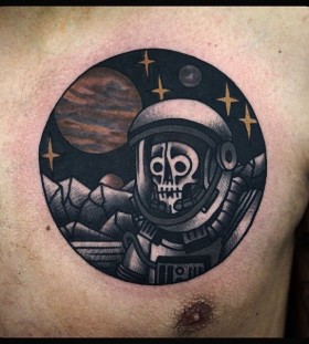 Skeleton spaceman chest tattoo by Philip Yarnell