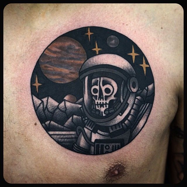 Skeleton spaceman chest tattoo by Philip Yarnell