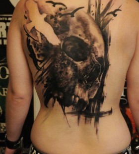 Skull and birds back tattoo by Florian Karg