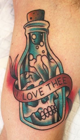 Skull and bones in the bottle tattoo