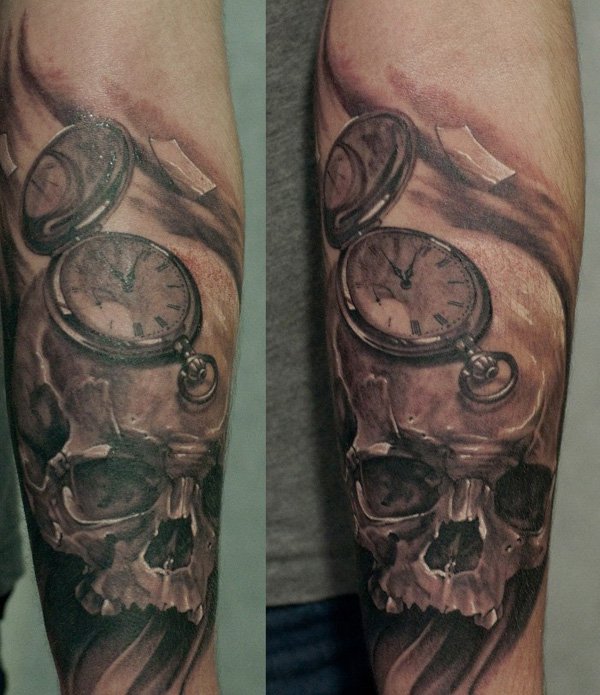 Skull and pocket watch tattoo