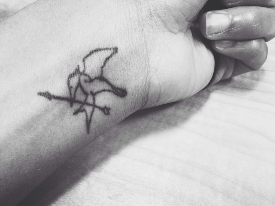 Small mockingjay wrist tattoo