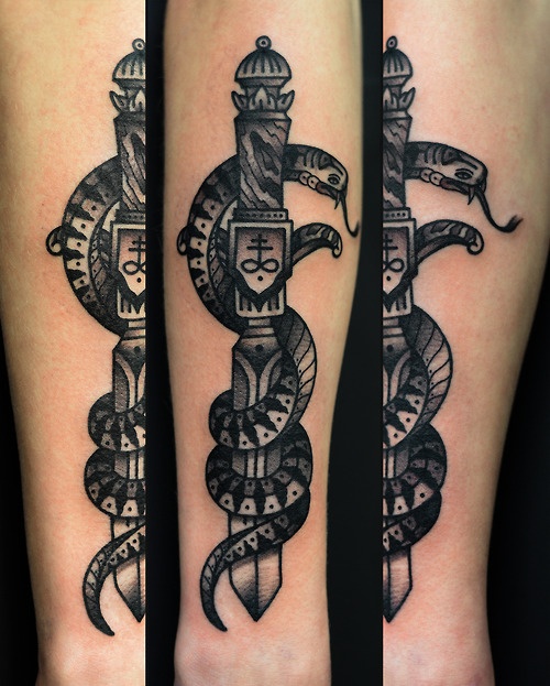 Snake and dagger tattoo by Philip Yarnell