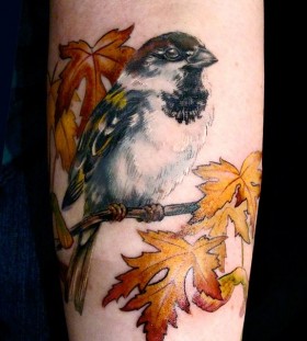 Sparrow on a branch tattoo by Esther Garcia