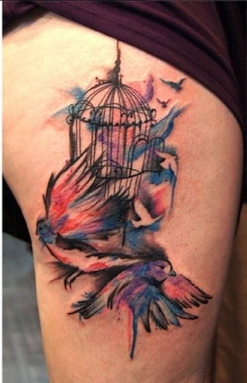 Stunning birdcage and birds tattoo