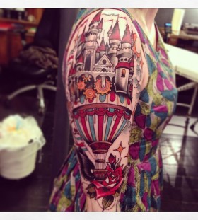 Stunning hot air balloon and castle tattoo