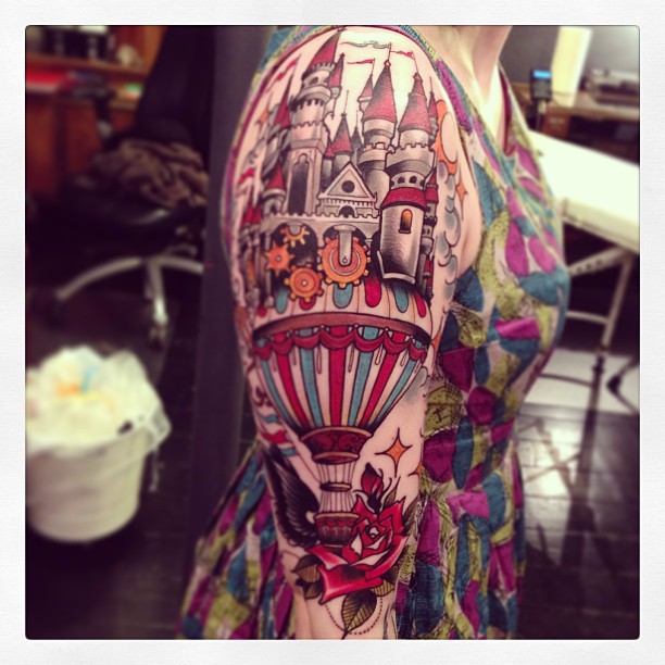 Stunning hot air balloon and castle tattoo