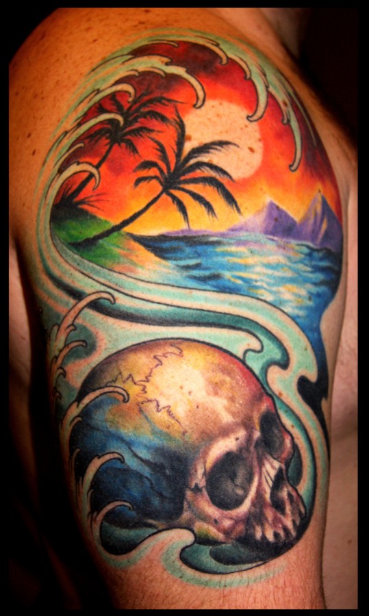 Sunset and skull tattoo