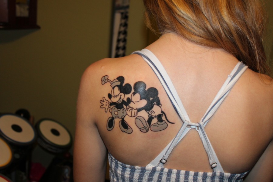 Sweet Minnie and Mickey back tattoo