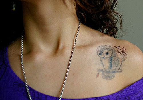 Sweet owl collarbone tattoo