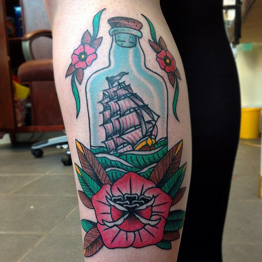 Sweet ship in a bottle tattoo