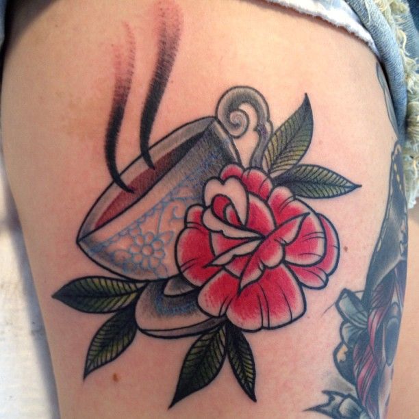 Sweet teacup and rose tattoo