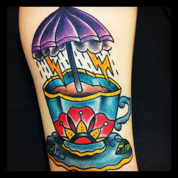 Teacup and umbrella tattoo