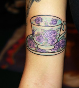 Teacup with purple roses tattoo
