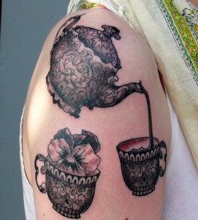 Teapot and teacup arm tattoo